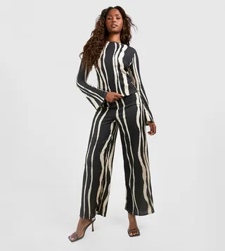 Textured Striped Wide Leg Trousers