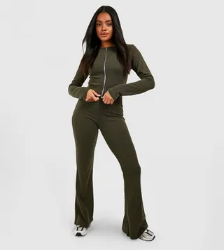 2 Tone Rib Zip Up Top and Flared Trousers
