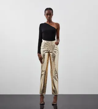 Metallic Faux Leather Straight Trousers