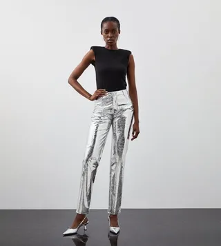 Metallic Faux Leather Straight Trousers