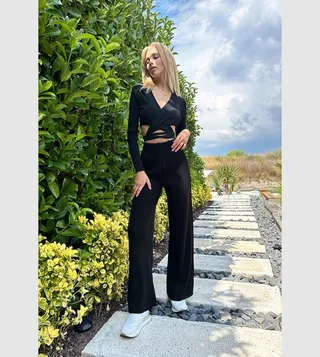 Ribbed Elastic Waist Wide Leg Pants