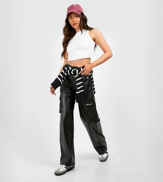 Faux Leather Pocket Detail Cargo Straight Trousers