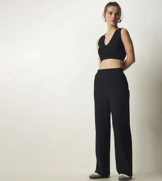 Ribbed Elastic Waist Knitted Trousers