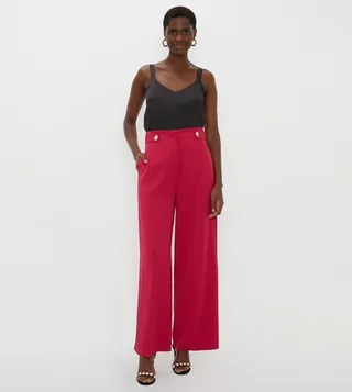 Button Tab Detail Wide Leg Trousers