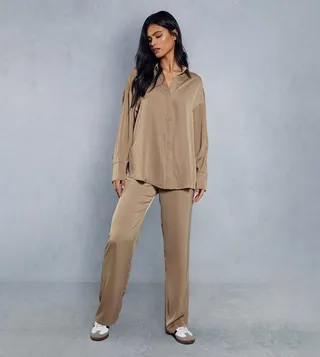 Satin High Waisted Straight Leg Trousers