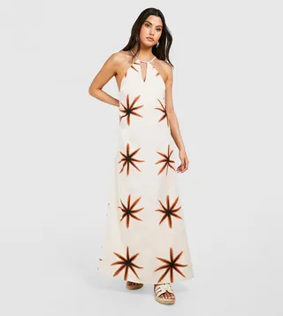 Star Printed Open Back Maxi Dress