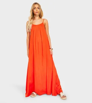 Linen Look Pleated Maxi Dress