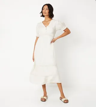 Broderie Trim Button Front Midi Dress