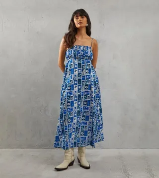 Ruched Bust Postcard Printed Strappy Midi Sundress