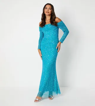 Draped Bardot Sequin Long Sleeves Maxi Dress