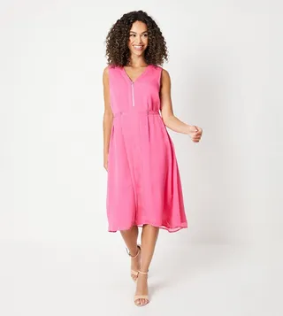 Chiffon Zip Tab Side High Low Midi Dress