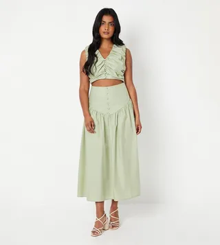 Cotton Poplin Gathered Bodice Drop Waist Midi Dress