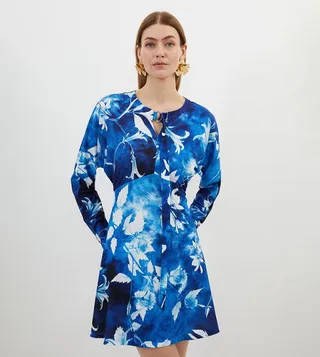 Pressed Floral Print Jersey Crepe Batwing Sleeves Mini Dress