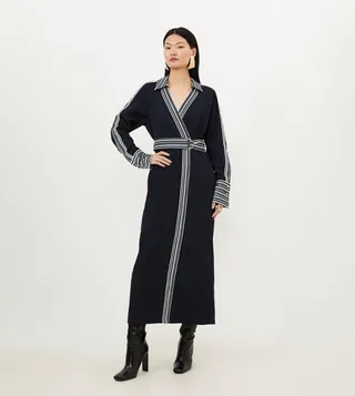 Petite Collared Contrast Twill Woven Belted Midaxi Dress