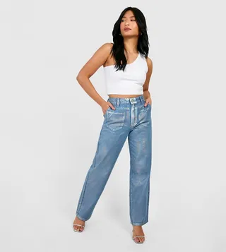 Petite Iridescent Metallic Coated Straight Fit Jeans