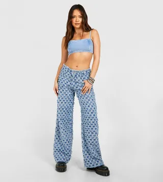 Textured Checkerboard Wide Leg Jeans