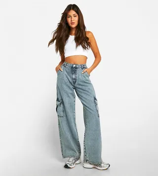 Light Acid Washed Cargo Jeans