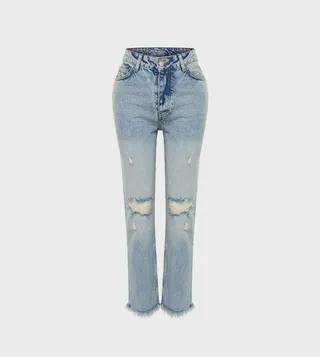 Ripped Detail High-Rise Straight Fit Jeans