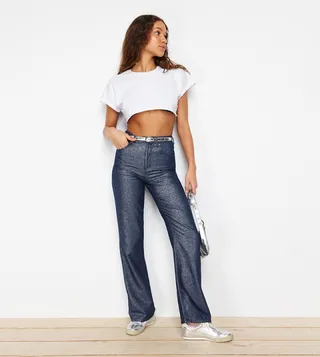 Metallic Glittery High-Rise Wide Leg Jeans