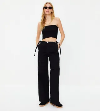 Solid Elastic Waist Wide Leg Jeans