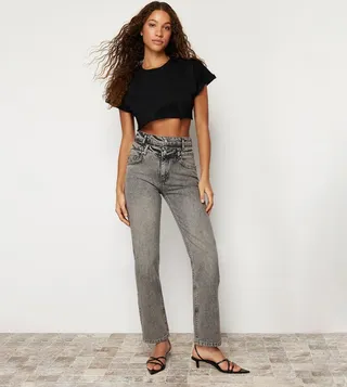 Washed Double-Waist Straight Fit Jeans