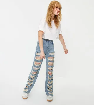 Ripped High Waist Straight Fit Jeans