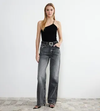 Faded Vintage Effect High Waist Wide Leg Jeans