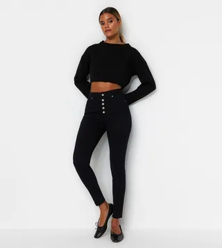 Button Detail High Waist Skinny Fit Jeans