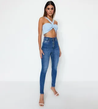 Front Button High Waist Skinny Fit Jeans