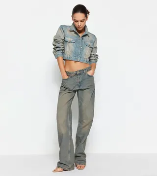 Faded Effect Vintage Wide Leg Jeans