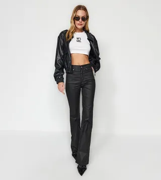 Solid Coated High Waist Flared Jeans