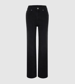 Stone Detail High Waist Straight Fit Jeans
