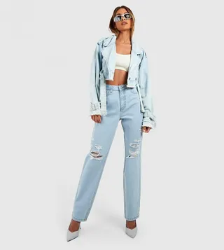High-Raised Distressed Ripped Straight Leg Jeans