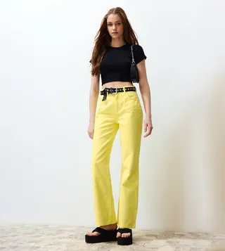 Solid High Waist Straight Fit Jeans