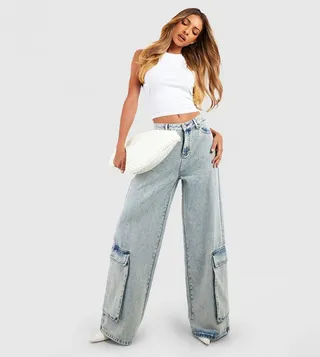 Acid Wash Wide Leg Cargo Jeans