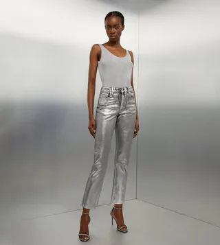 High Rise Slim Leg Silver Foiled Jeans