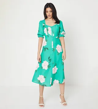 Green Floral Button Through Midi Dress