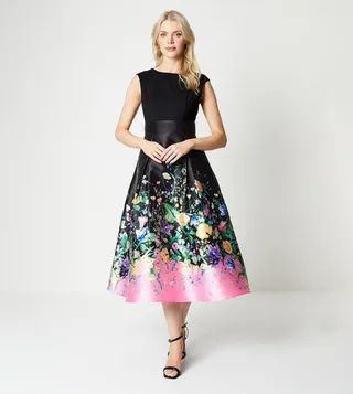 Placement Print Twill Midi Dress with Ponte Top