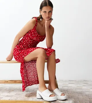 Printed Slit Detail Midi Dress