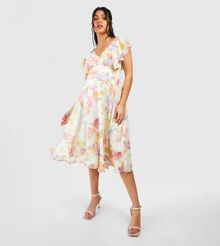 Occasion Floral Tie Back Frill Midi Dress