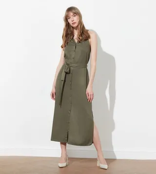 Belted Slit Midi Dress