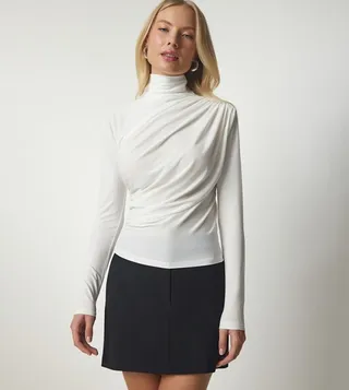 Solid Ruched High Neck Top