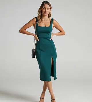 Solid Strappy Slit Midi Dress