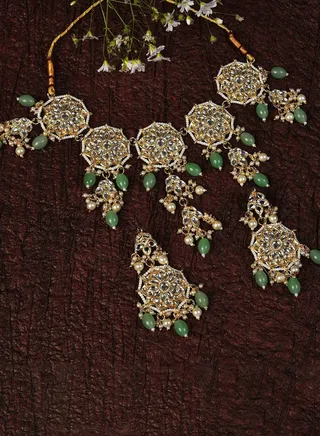 Gold Plated Kundan & Beads Necklace and Earrings Set