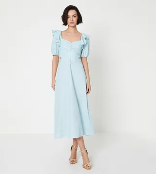 Linen Cut Out Frill Shoulder Midaxi Dress