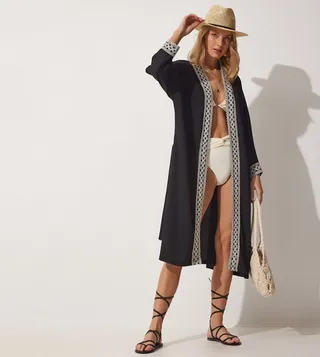 Stripe Detail Long Crinkle Viscose Kimono