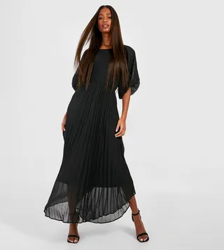 Pleated Puff Sleeves Midi Dress