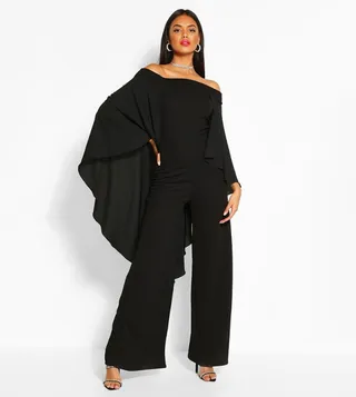 off The Shoulder Wide Leg Extreme Cape Jumpsuit