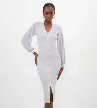 Viscose Blend Rib Knit Chiffon Sleeves Midi Dress