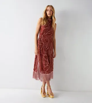 Paisley Highneck Fringe Detail Dress